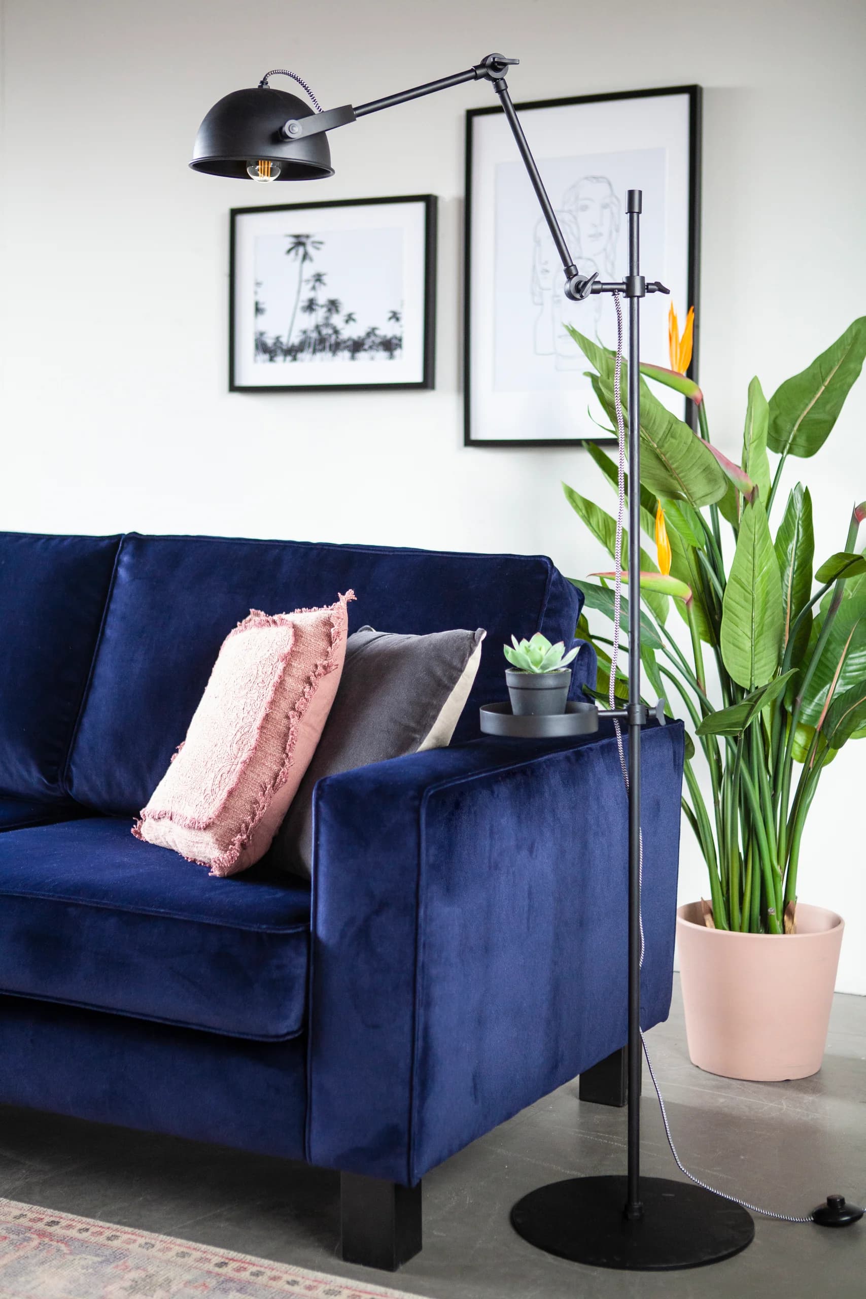 Blauwe velours bank met kussens, vloerlamp en planten